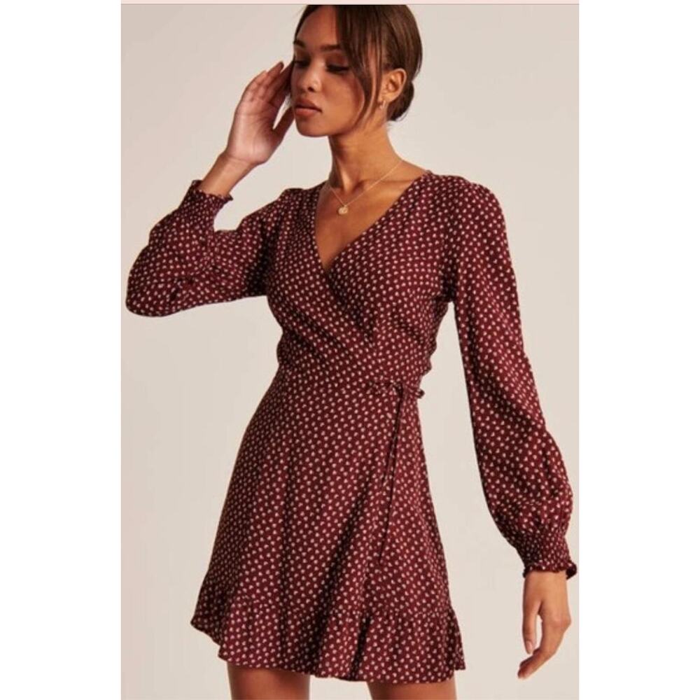 Abercrombie & Fitch Wrap Summer Dress XS Maroon Polka Dots Long Sleeve Mini
